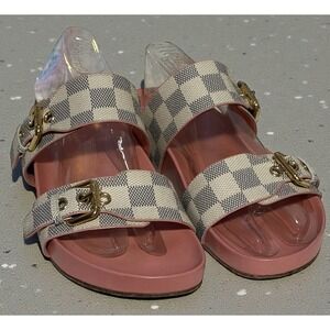 Louis Vuitton Bom Dia Flat Comfort Mule - Azur Damier Pink Sole Size 36.5 - 6.5